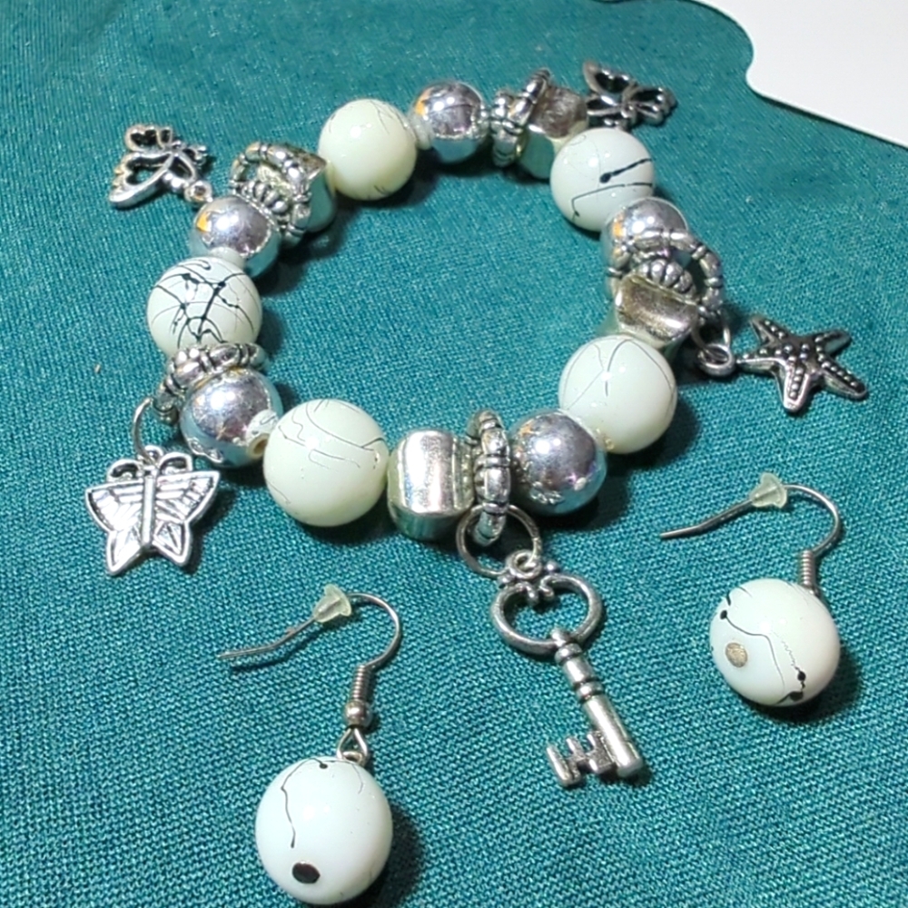 Handmade White & Silver Bracelet w/Charms and Beads+Matching Earrings